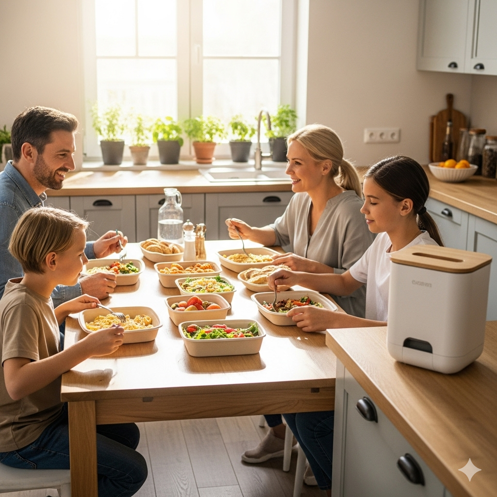 Familie genießt biologisch abbaubare Behälter
