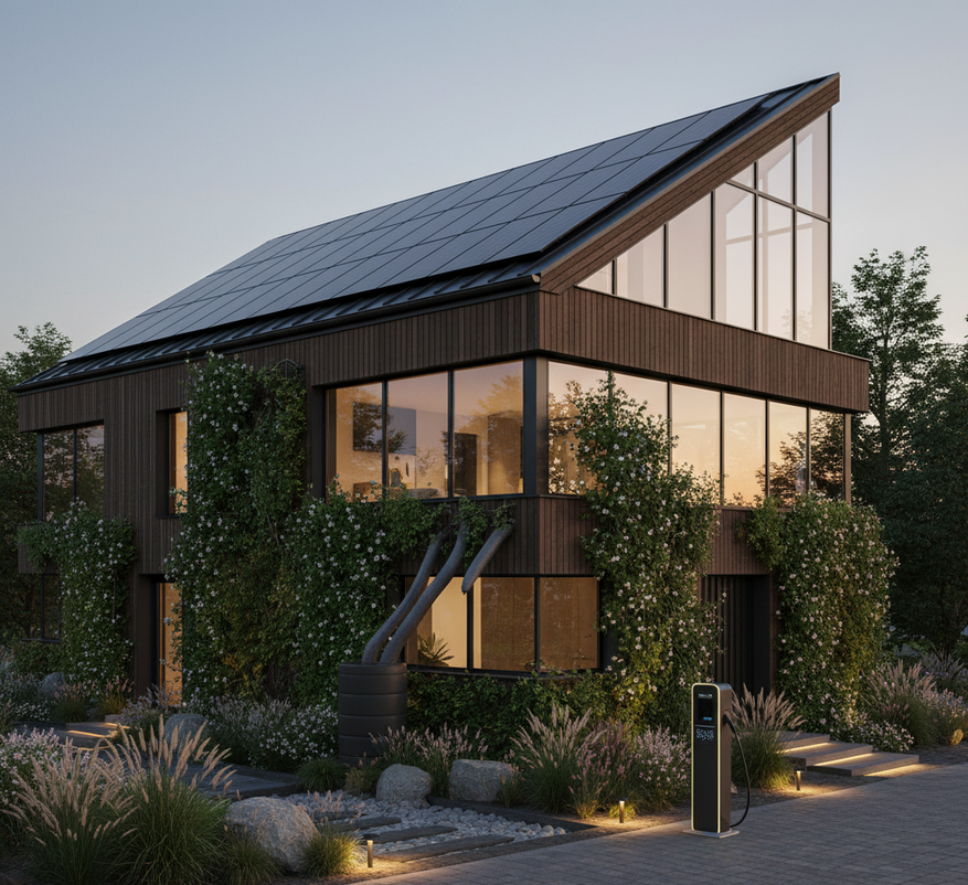 Modernes, nachhaltiges Haus mit Solarpaneelen