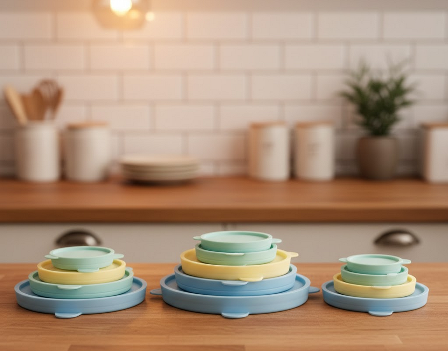 Silicone Stretch Lids, arranged in a row