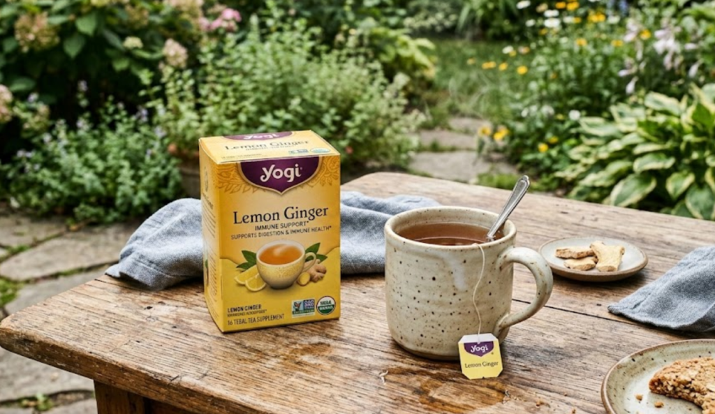 Yogi Lemon Ginger Bio-Tee auf hellem Küchentisch