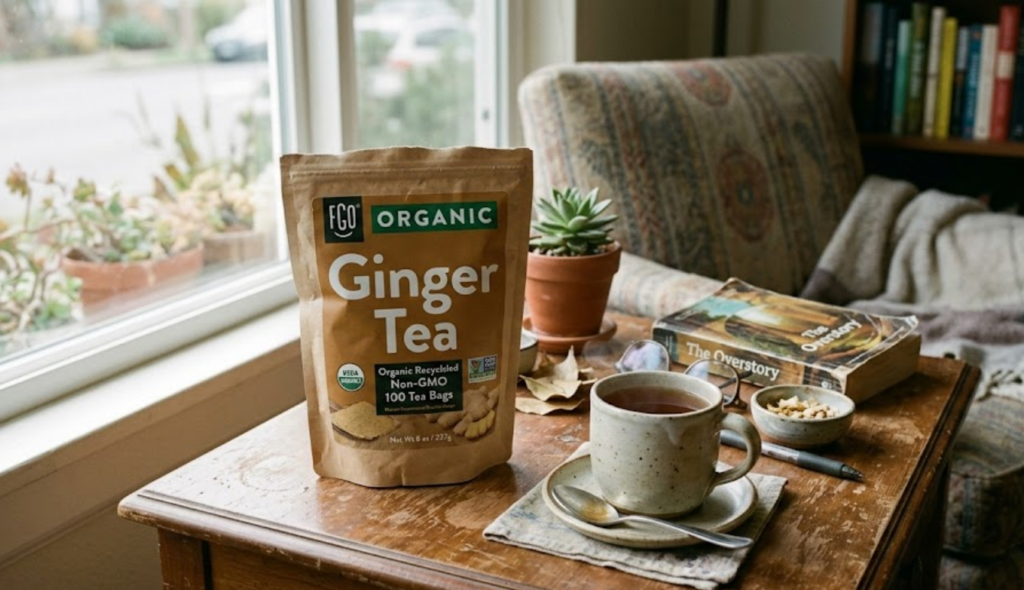 FGO Bio-Ingwertee auf Holztisch mit Morgenlicht