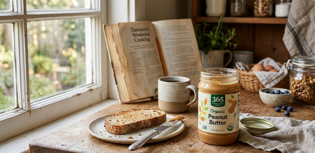 365 Whole Foods organic creamy peanut butter jar on kitchen counter