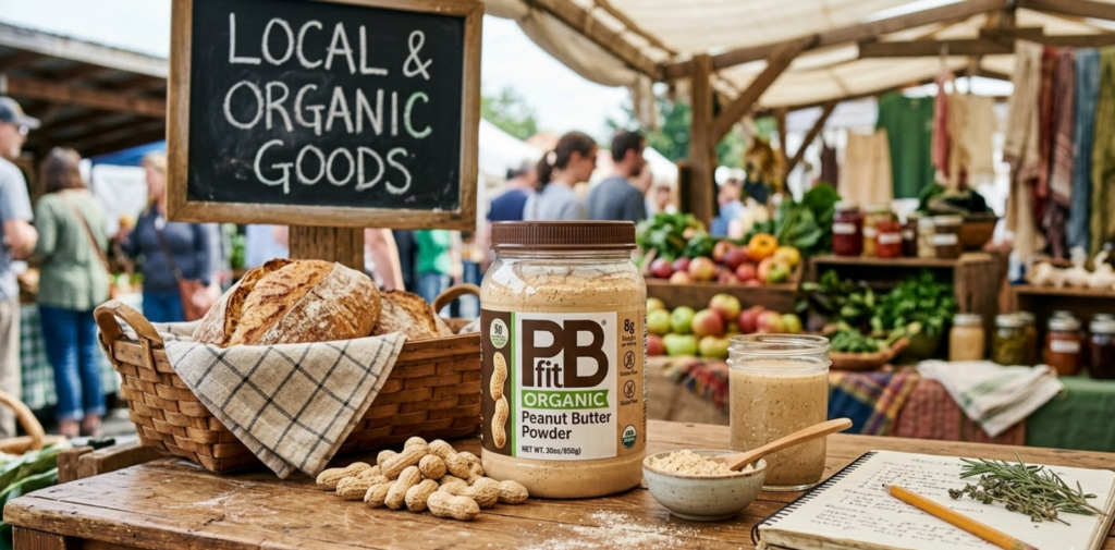 PBfit organic peanut butter powder pouch beside smoothie glass