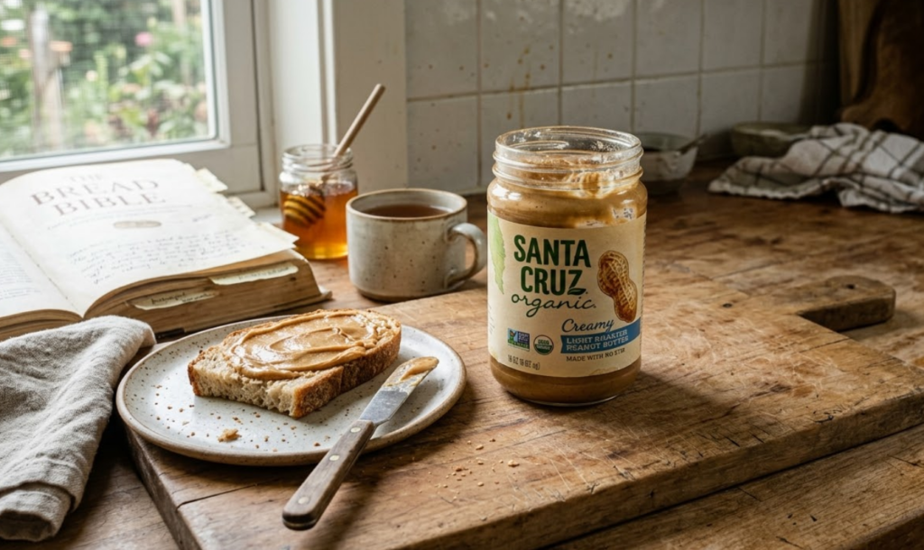 Santa Cruz organic light roasted peanut butter jar with bread and knife
