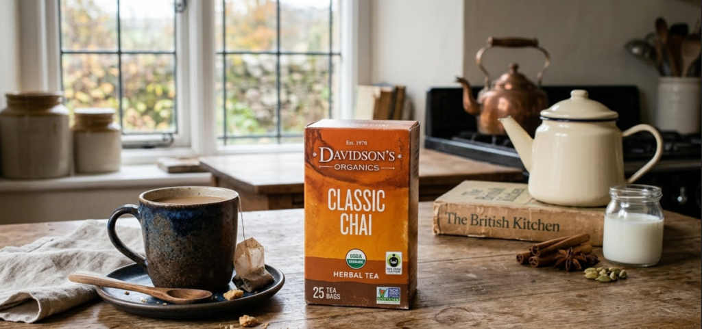 Davidson's Organics loose leaf black tea bag on a rustic wooden surface with scattered tea leaves