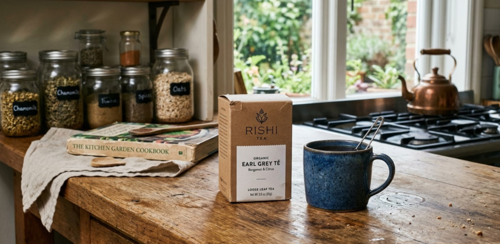 Rishi Tea organic loose leaf turmeric ginger blend pouch on a warm kitchen countertop