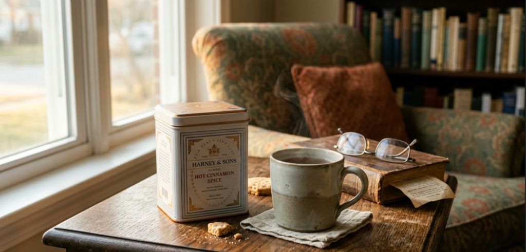 Harney and Sons organic Assam loose leaf tea tin on a wooden table with warm afternoon light