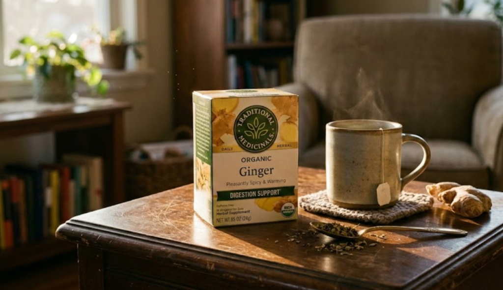 Traditional Medicinals Bio-Ingwertee auf rustikalem Holzuntergrund