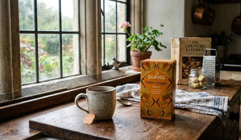 Pukka Three Ginger Bio-Tee auf natürlichem Leinenuntergrund