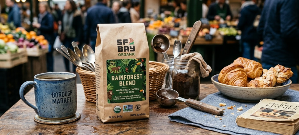 SF Bay Bio-Kaffeebohnen Rainforest Blend auf einer Küchentheke