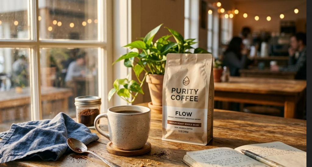 Purity Coffee FLOW Bio-Kaffeebohnen Tüte neben einer Keramiktasse im Morgenlicht