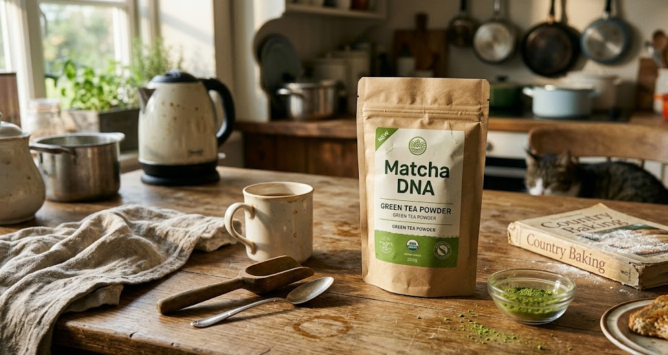 Matcha DNA organic matcha tin on linen cloth with morning light and green powder dusting