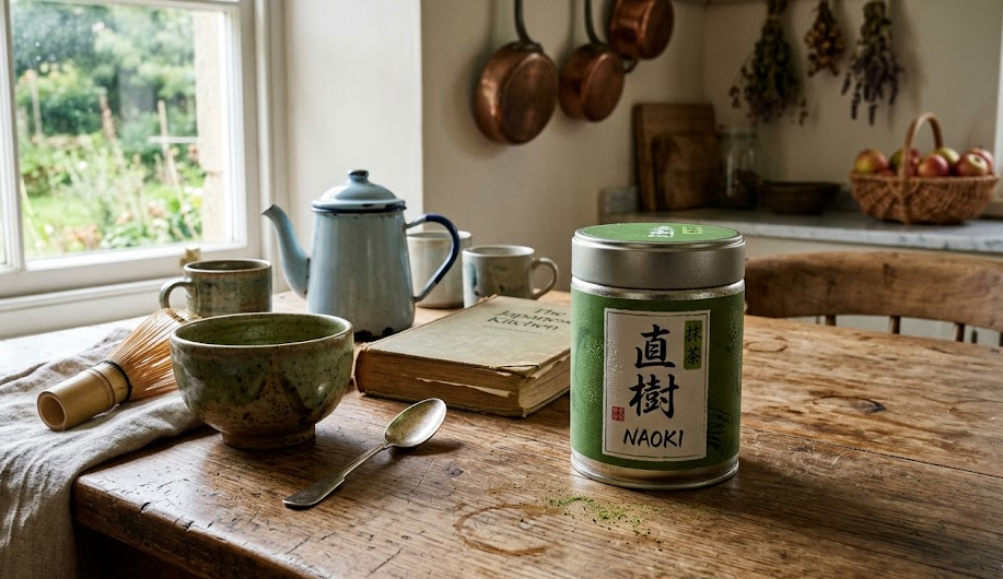 Naoki Matcha ceremonial grade pouch beside a ceramic matcha bowl and bamboo whisk