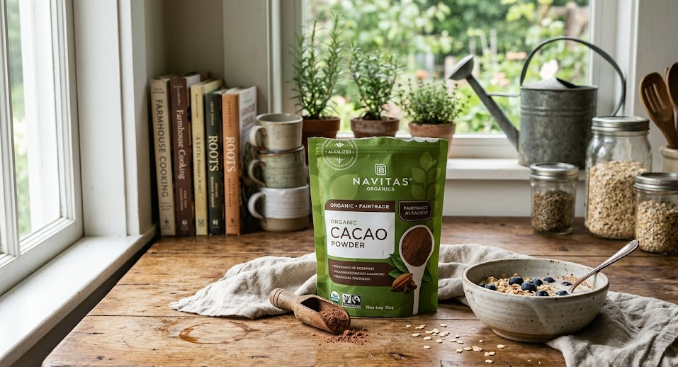 Navitas Organics matcha powder bag on rustic kitchen counter with green smoothie nearby