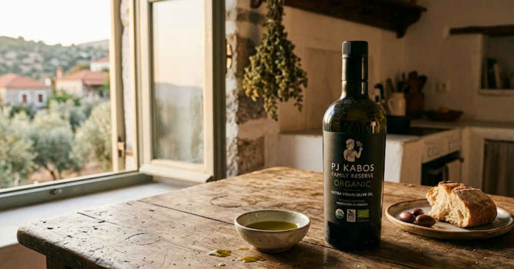 PJ Kabos organic olive oil bottle on a stone surface near Ancient Olympia Greece