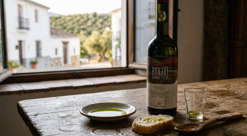 Rincon de la Subbetica organic olive oil bottle among Andalusian olive groves in Cordoba Spain