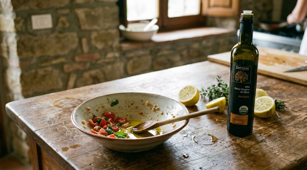 Dell'Orto organic extra virgin olive oil bottle on rustic Amalfi Coast kitchen counter Italy