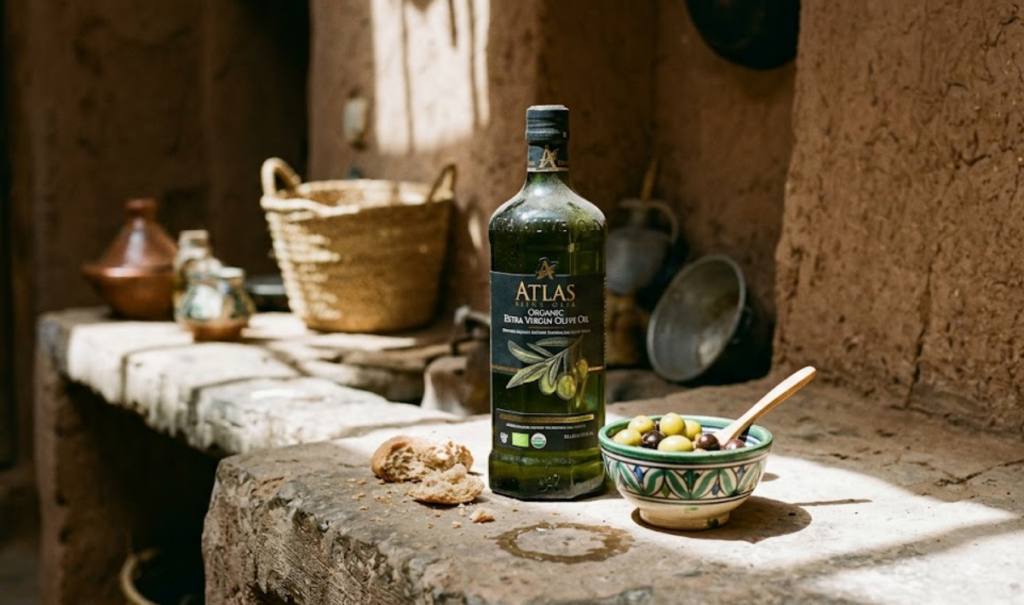 Atlas organic olive oil tin on a sun-bleached Moroccan stone surface with desert light