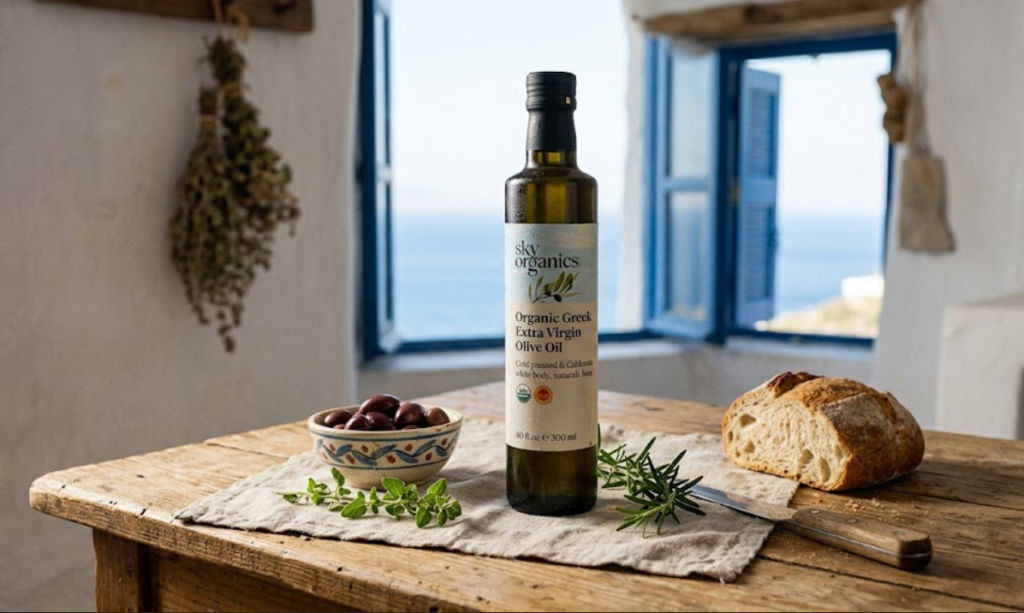 Sky Organics Greek extra virgin olive oil bottle on a simple kitchen counter with natural light