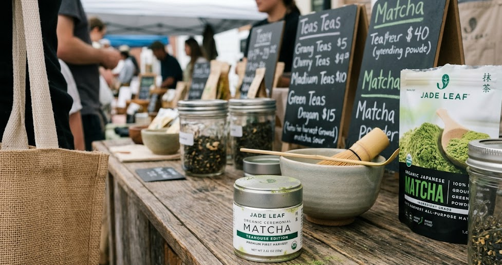 Jade Leaf organic matcha powder bag on wooden surface with scattered tea leaves