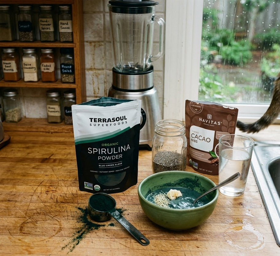 Terrasoul superfoods spirulina powder bag on a linen cloth with natural props