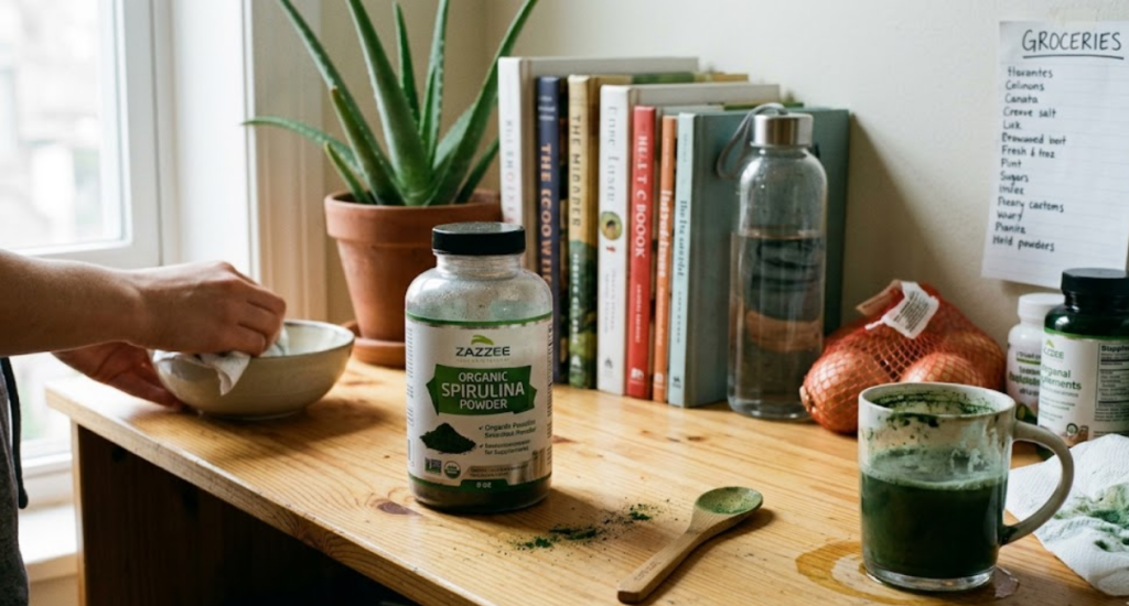 Zazzee organic spirulina powder container on a rustic wooden table