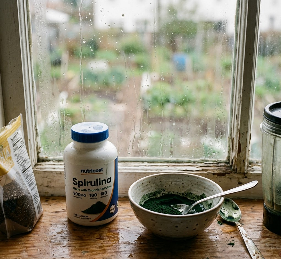 Nutricost organic spirulina powder bag on a clean surface in warm light