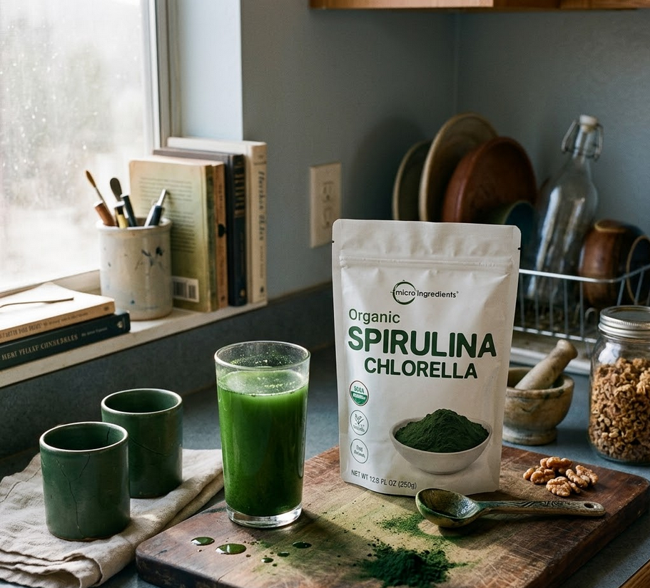 Micro Ingredients organic spirulina powder bag on a neutral background