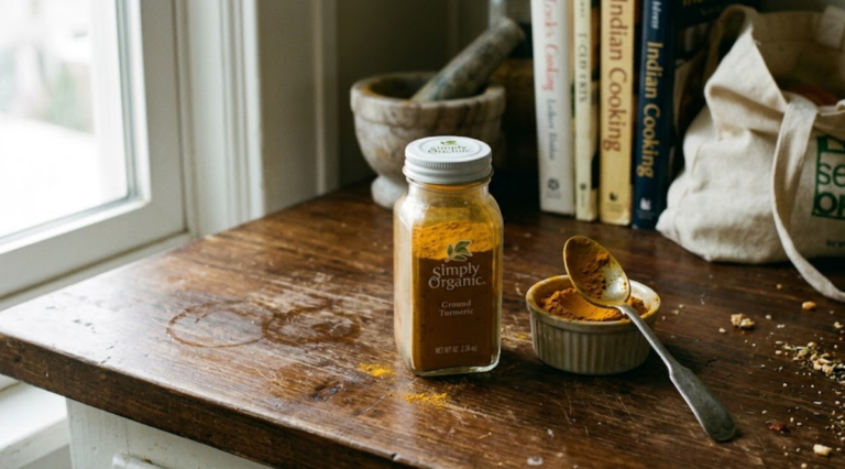 Organic Turmeric Powder Brands of 2026 (The Lead Contamination Risk Nobody Talks About) Simply Organic ground turmeric powder jar on wooden surface