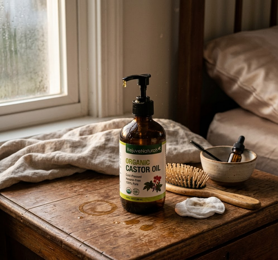RejuveNaturals organic castor oil in amber glass bottle on wooden surface