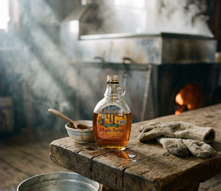 Coombs Family Farms organic maple syrup on a weathered wooden table in a Vermont sugarhouse setting