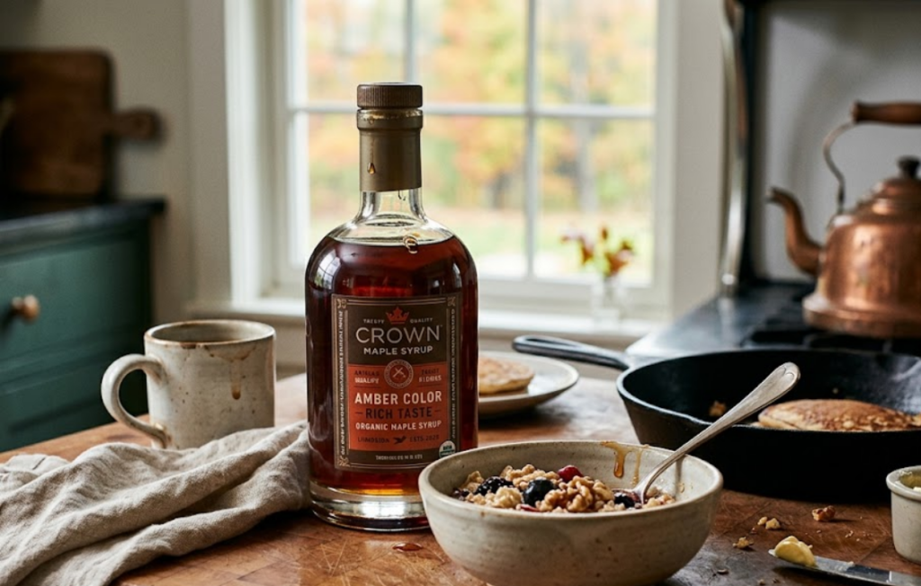 Crown Maple organic maple syrup bottle on a polished stone surface with soft natural light