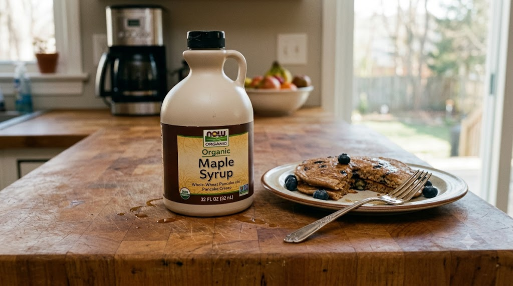 NOW Foods organic maple syrup bottle on a rustic wooden surface with warm morning light