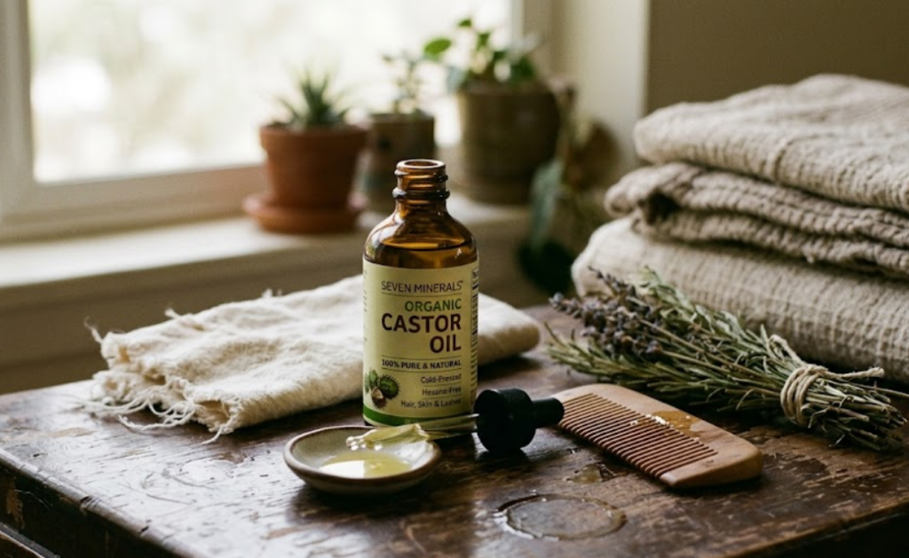 Seven Minerals organic castor oil cold pressed unrefined in glass bottle