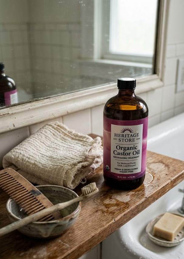 Heritage Store organic castor oil glass bottle with warm natural light