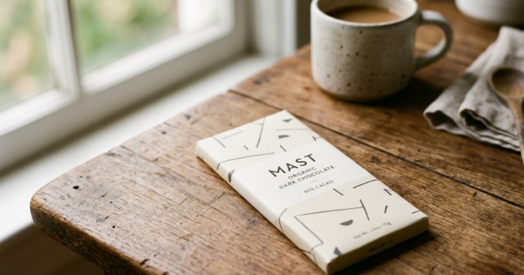 Mast organic dark chocolate 80 percent bar on wooden surface