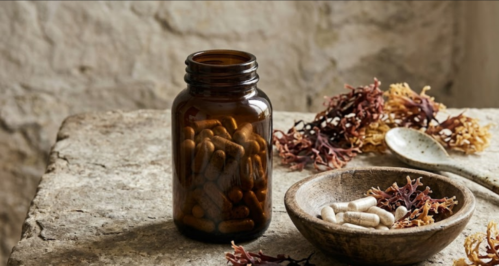Double Wood Irish Sea Moss Chondrus crispus capsules editorial product shot