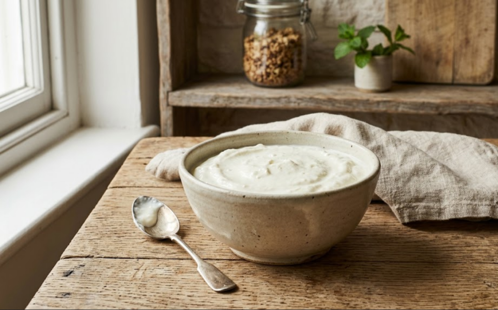 Organic whole milk yogurt in glass jar with fresh milk