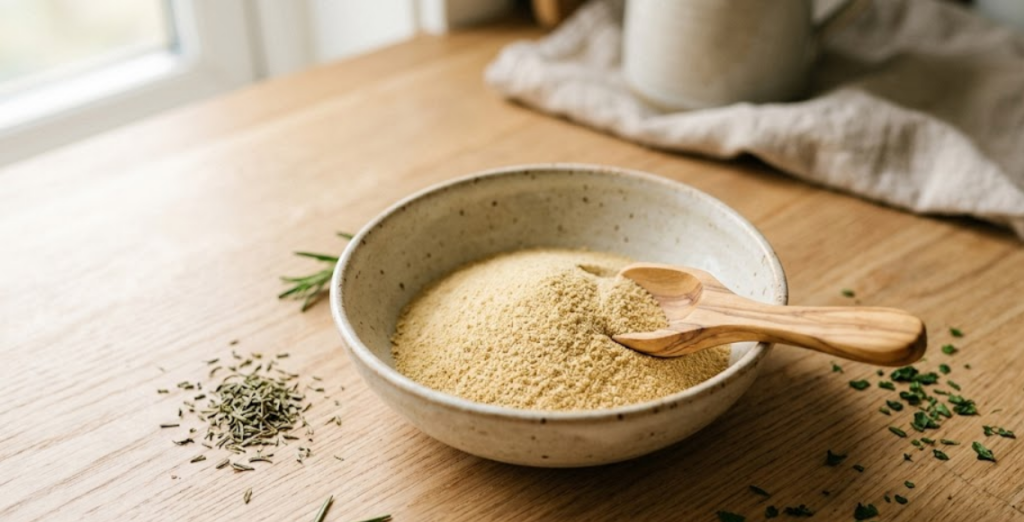 Bone broth protein powder in bowl with wooden scoop on natural countertop
