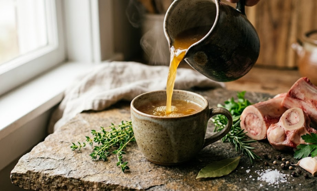 Bone broth being poured into ceramic mug with herbs and bones nearby