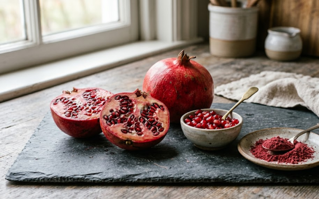 Halved pomegranate with arils and powder, showing the whole fruit behind the supplement claim