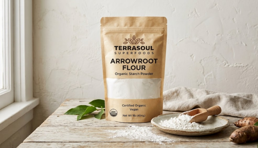 Bag of Terrasoul organic arrowroot flour on a wood surface