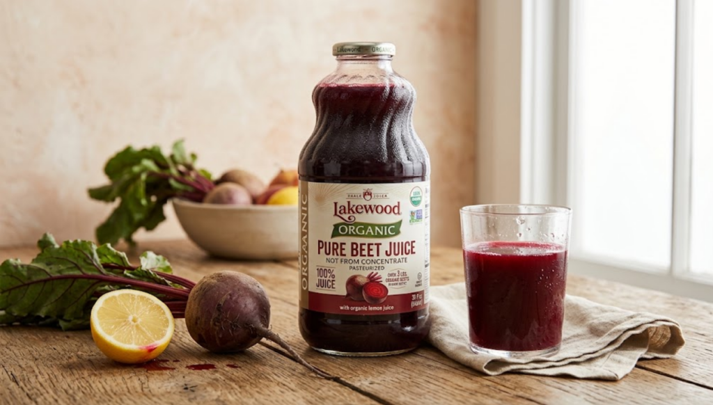 Lakewood Organic Pure Beet Juice bottle on a light backdrop