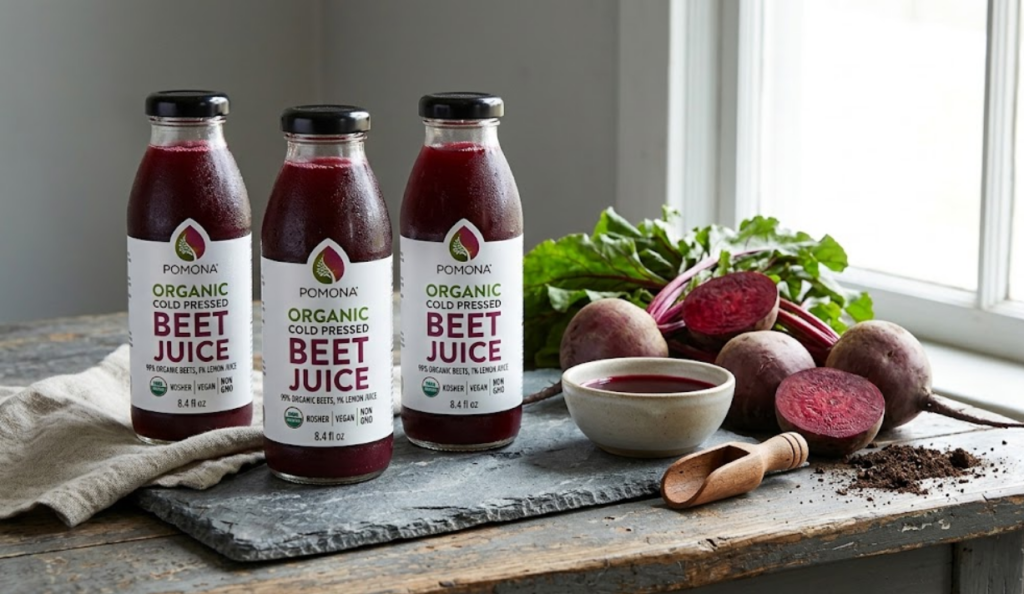 Pomona Organic Cold Pressed Beet Juice bottle, USDA organic label visible