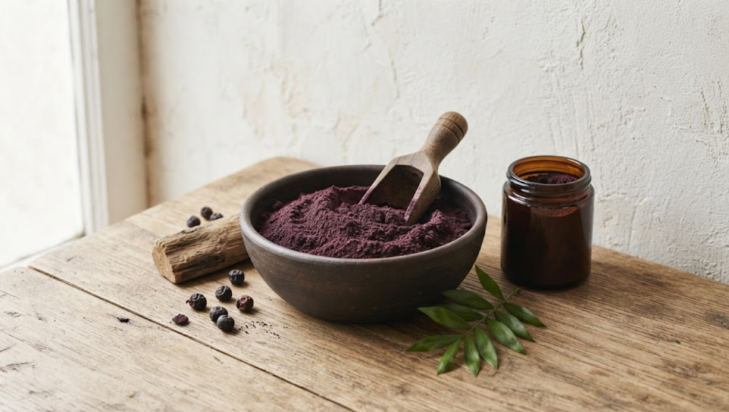 organic acai powder in a bowl next to fresh acai berries