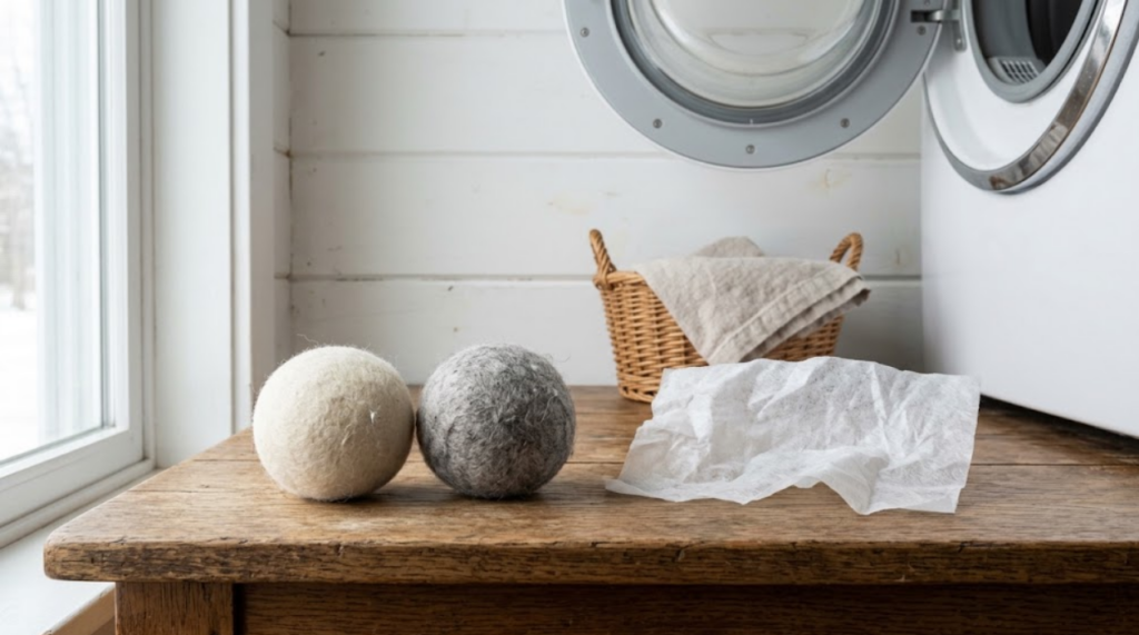 Wool dryer balls and a dryer sheet on a laundry surface, natural vs chemical fabric softener