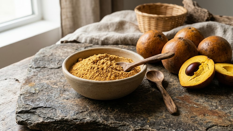 Organic lucuma powder in a wooden bowl with dried lucuma fruit on a natural linen surface