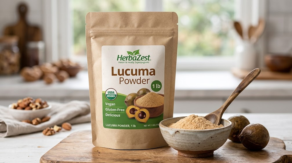 HerbaZest organic lucuma powder 1 lb bag with USDA organic certification label