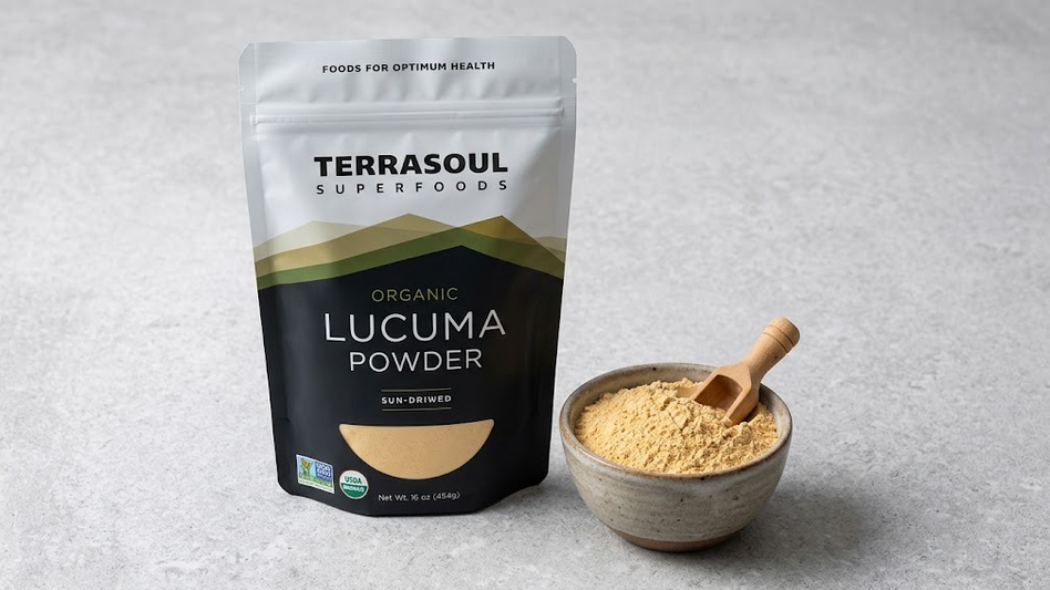 Terrasoul Superfoods organic lucuma powder 16 oz resealable bag on a light surface