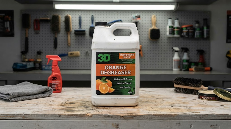 3D Orange citrus degreaser spray bottle on a workshop surface